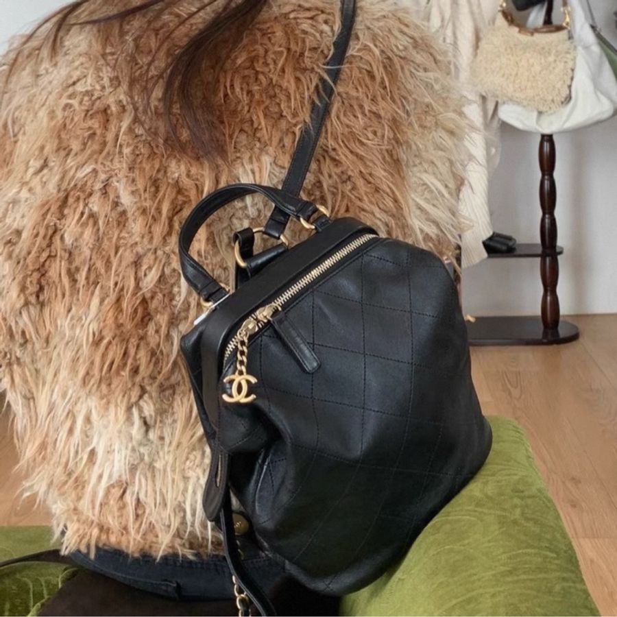 💎Chanel香奈兒|黑金羊皮經典菱格雙肩包 蛙口雙肩|98新26開-0