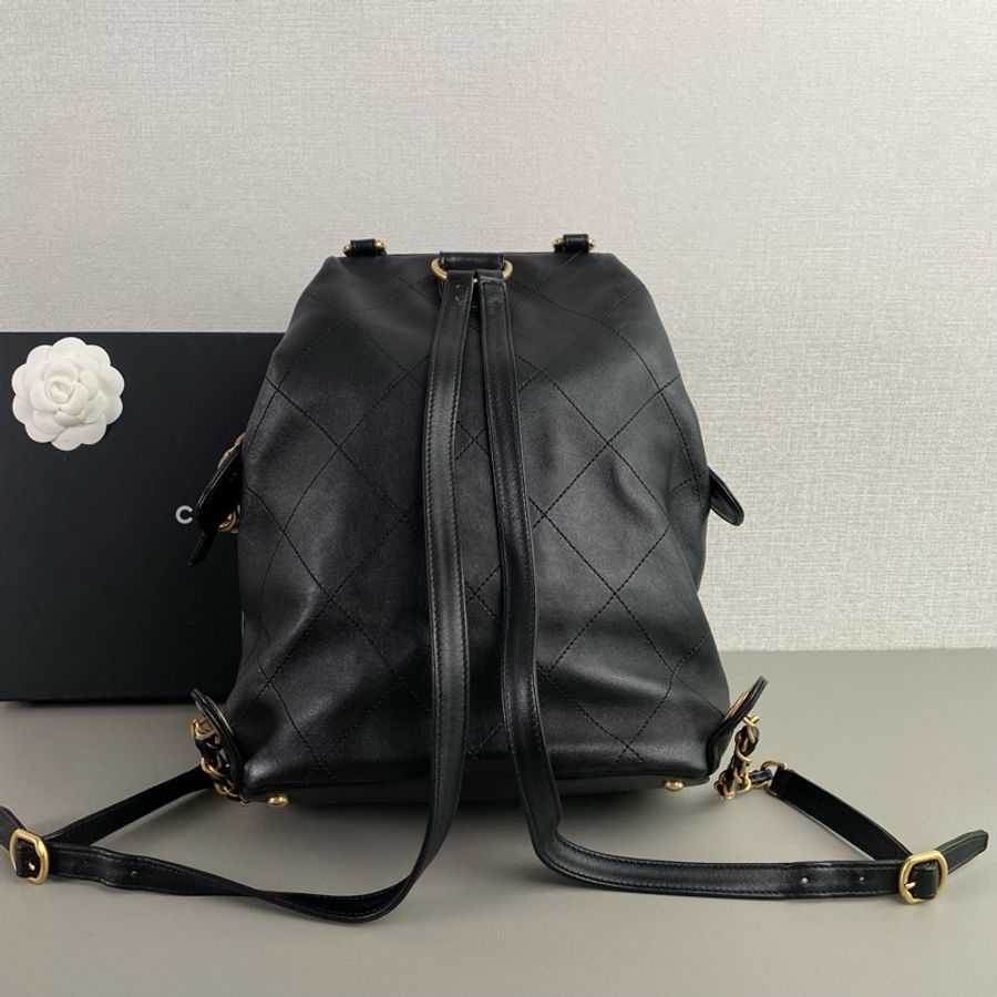 💎Chanel香奈兒|黑金羊皮經典菱格雙肩包 蛙口雙肩|98新26開-4