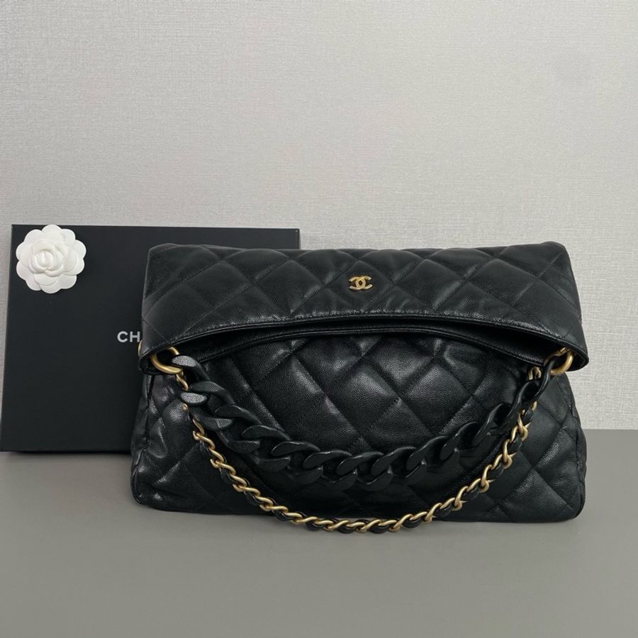💎Chanel香奈兒｜24P黑金荔枝皮 嬉皮包hobo maxi腋下包｜99新芯片款-1