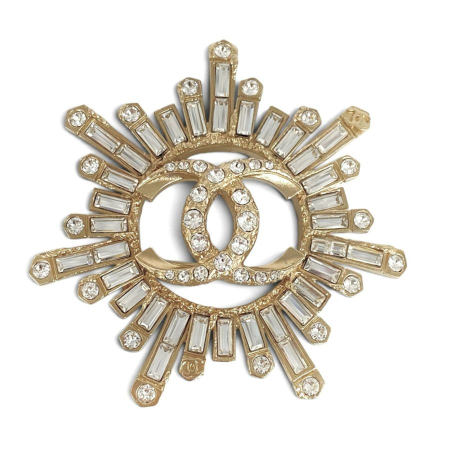 ☆ CHANEL 香奈兒 Gold Metal Rhinestones Fashion Brooch 金色金屬水鑽胸針-267012218-0