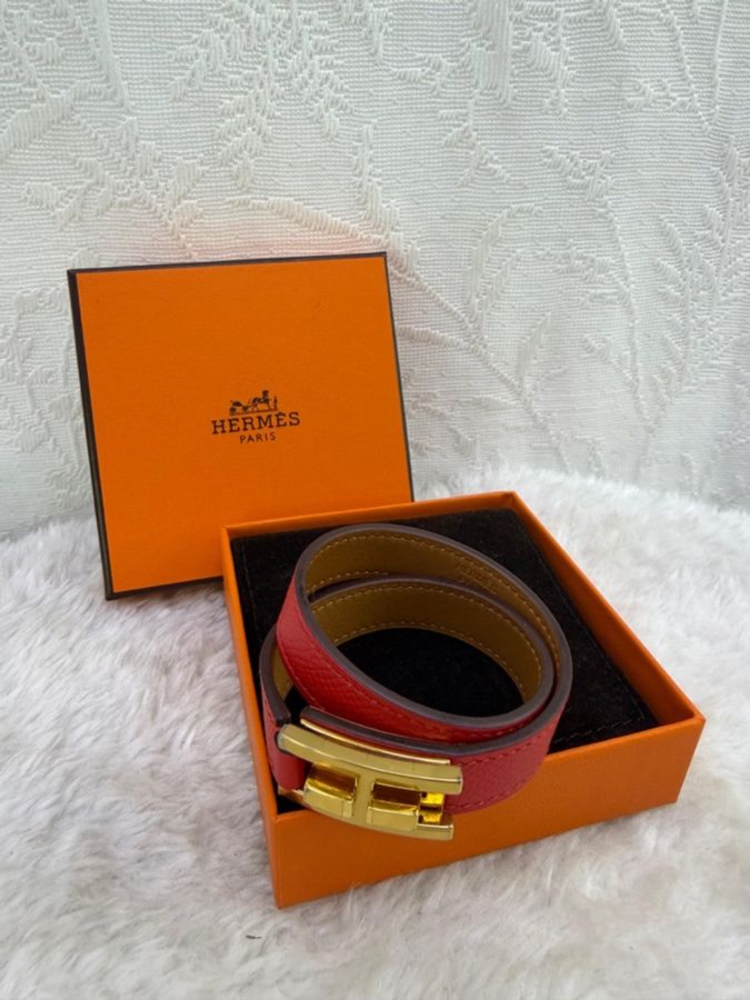 HERMES EpsomE#Drag Double Tour Bracelet金扣手鐲Rose Jaipur蜜桃粉色-0