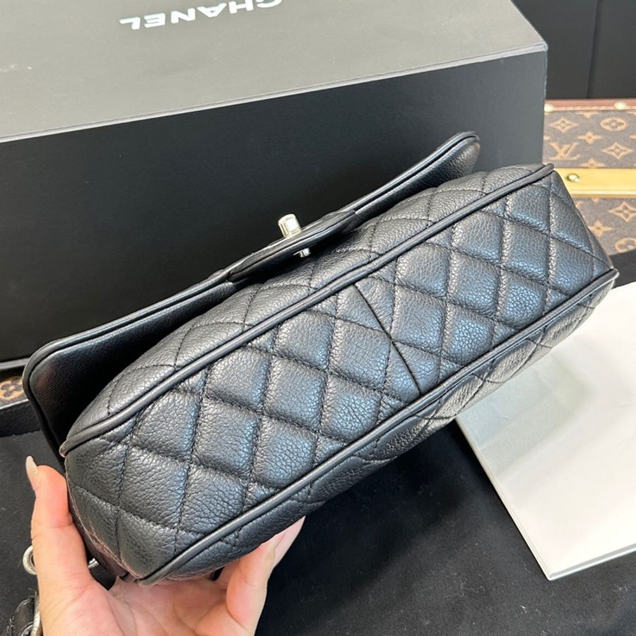 Chanel香奈兒中古黑銀荔枝牛皮季節款cf機場包 粗鏈條麻花cf單肩包腋下包 鏈條很長 底長26cm-4