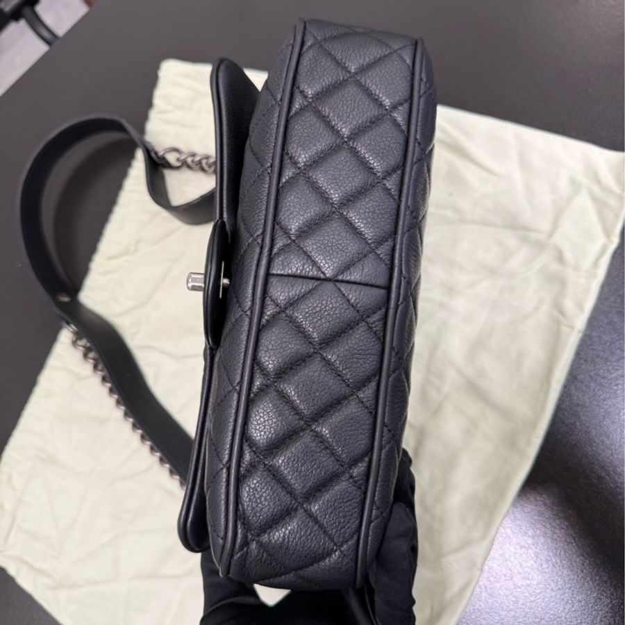 Chanel香奈兒中古黑銀荔枝牛皮季節款cf機場包 粗鏈條麻花cf單肩包腋下包 鏈條很長 底長26cm-9
