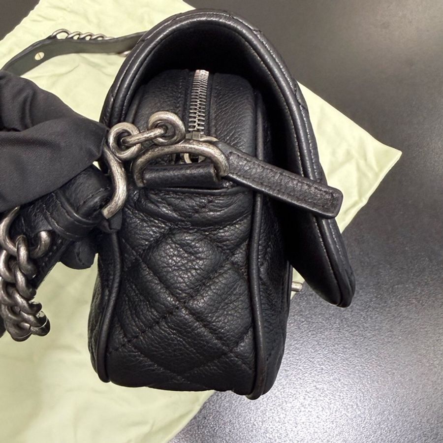 Chanel香奈兒中古黑銀荔枝牛皮季節款cf機場包 粗鏈條麻花cf單肩包腋下包 鏈條很長 底長26cm-12