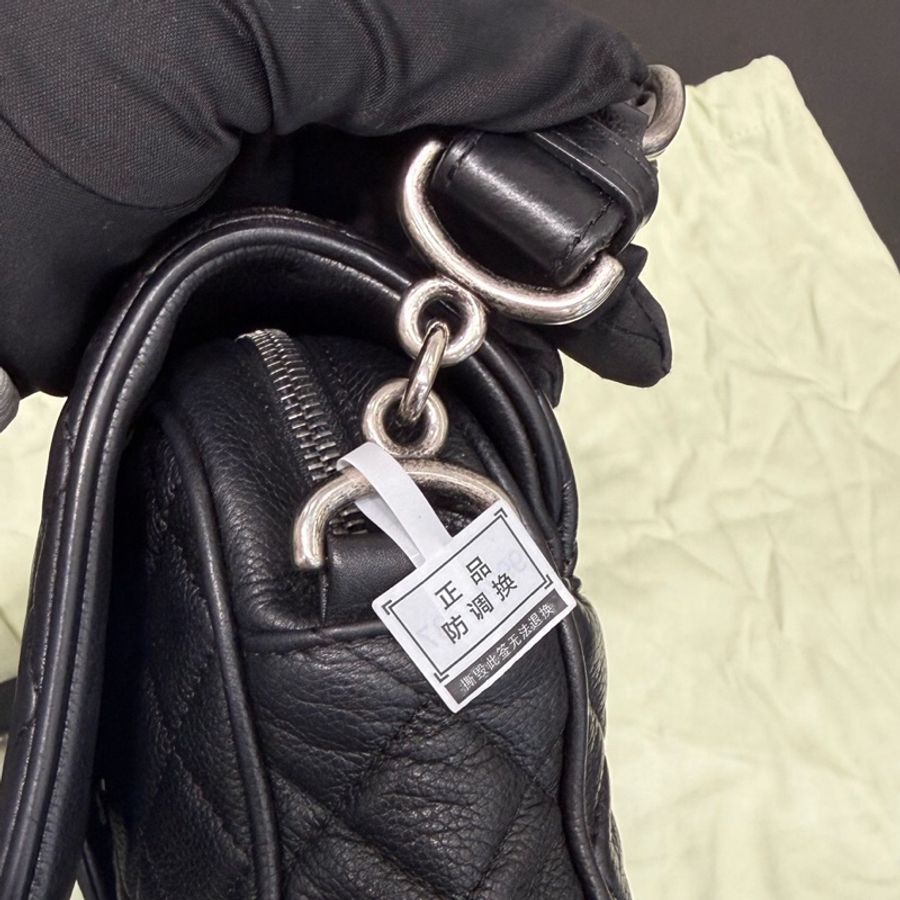 Chanel香奈兒中古黑銀荔枝牛皮季節款cf機場包 粗鏈條麻花cf單肩包腋下包 鏈條很長 底長26cm-13