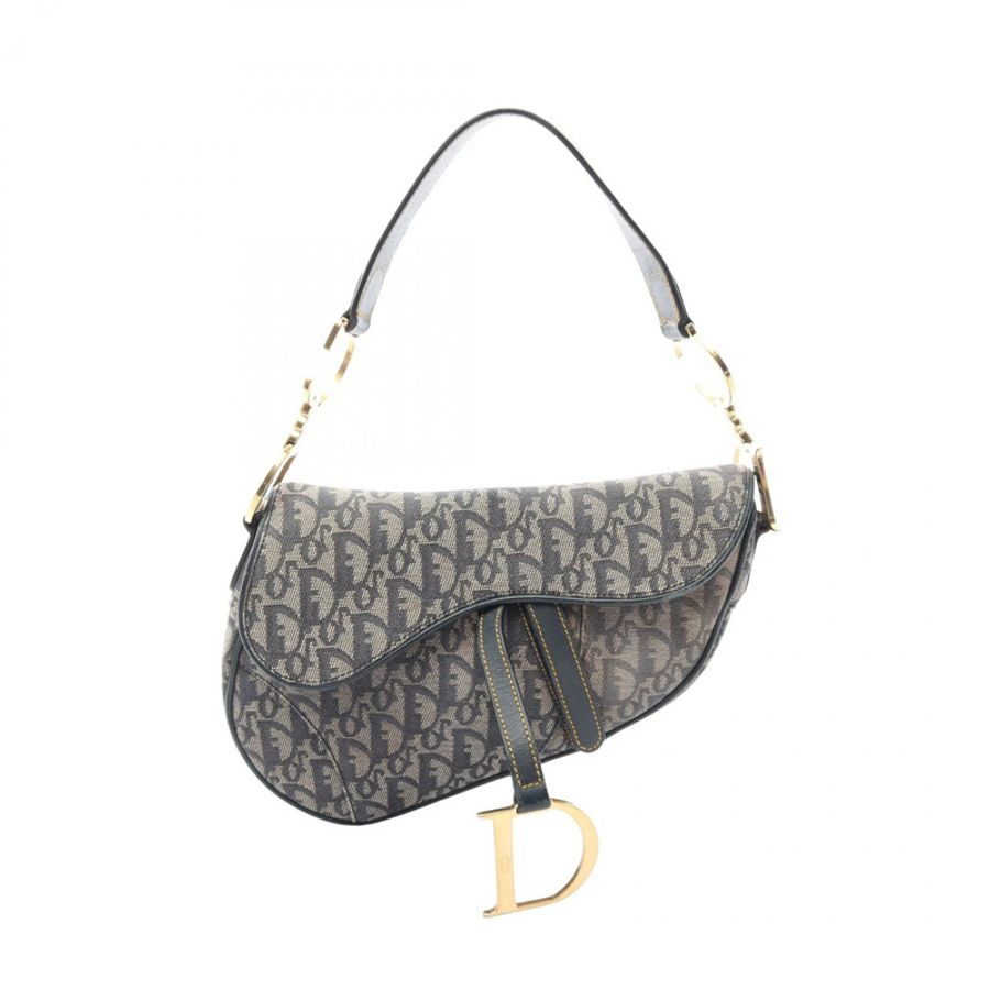 Christian Dior Saddle Trotter 單肩手提包，帆布皮革，灰色/海軍藍，二手-0