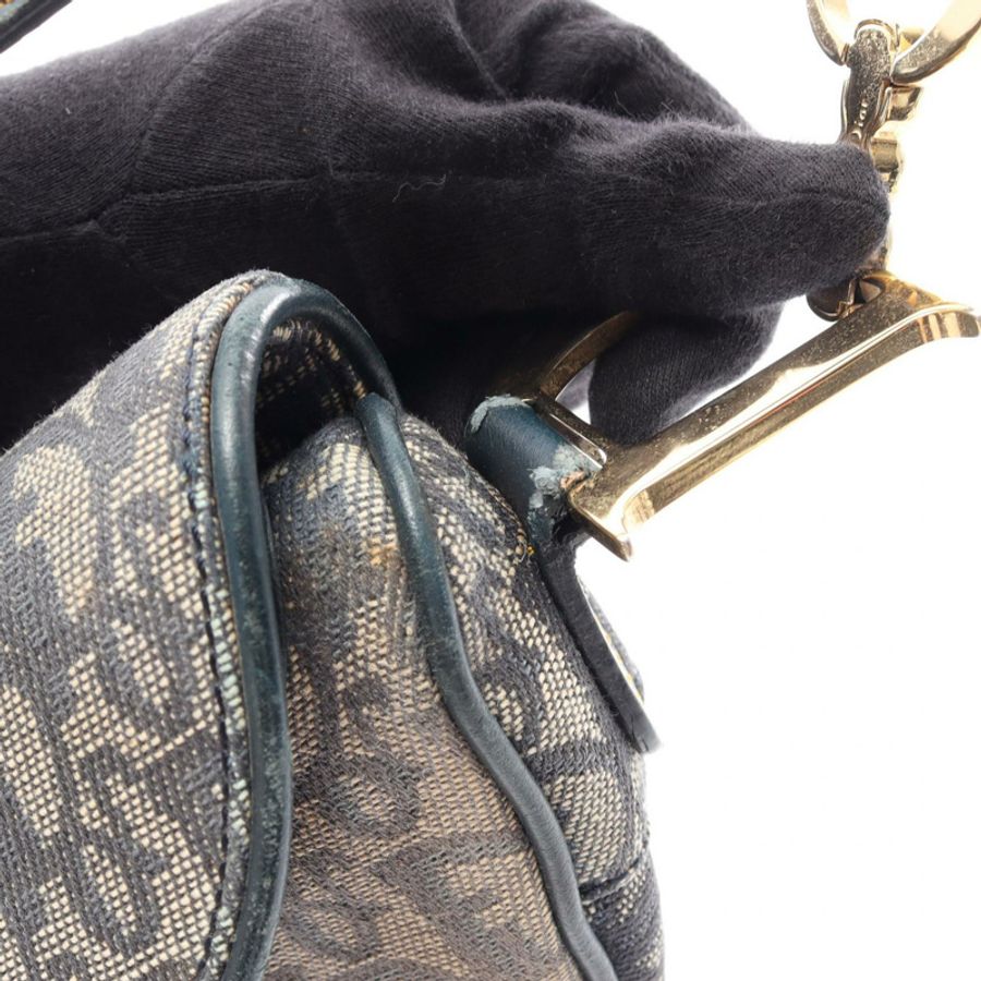 Christian Dior Saddle Trotter 單肩手提包，帆布皮革，灰色/海軍藍，二手-5