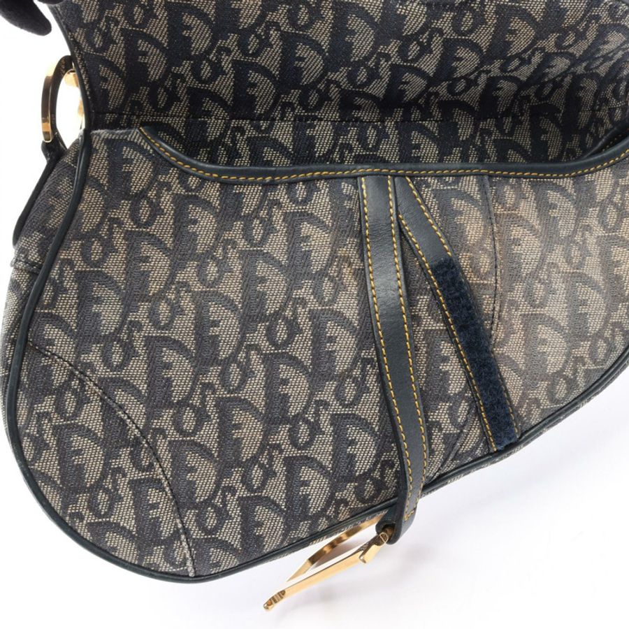 Christian Dior Saddle Trotter 單肩手提包，帆布皮革，灰色/海軍藍，二手-8