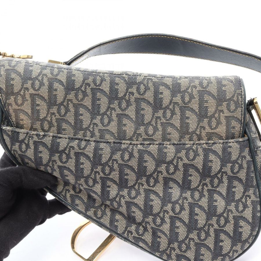 Christian Dior Saddle Trotter 單肩手提包，帆布皮革，灰色/海軍藍，二手-11