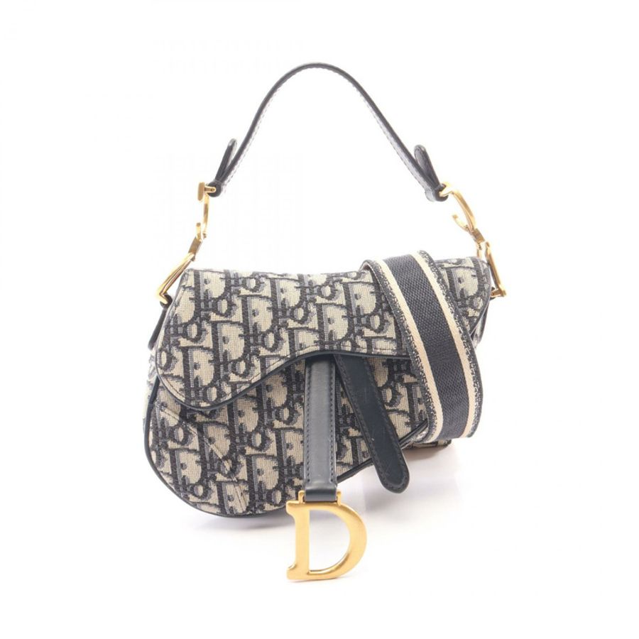 Christian Dior 馬鞍包 Mini Oblique 提花 2WAY 手提包帆布海軍藍米色-0