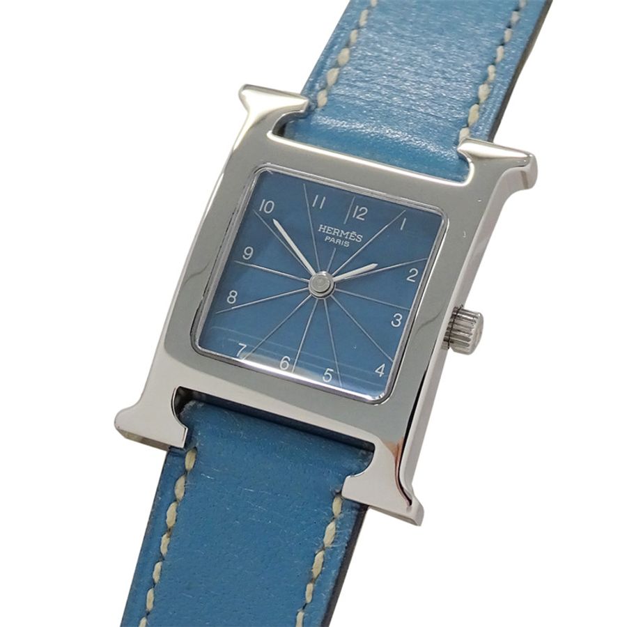 愛馬仕 (Hermes) 女士腕錶 H-Watch 石英 QZ 不鏽鋼 SS 皮革 HH1.210 銀藍 □G-0