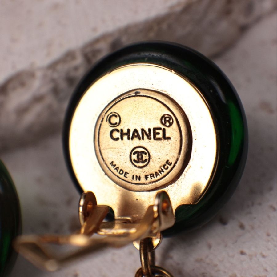 Chanel 绿色琉璃素金拼接吊坠耳夹-8