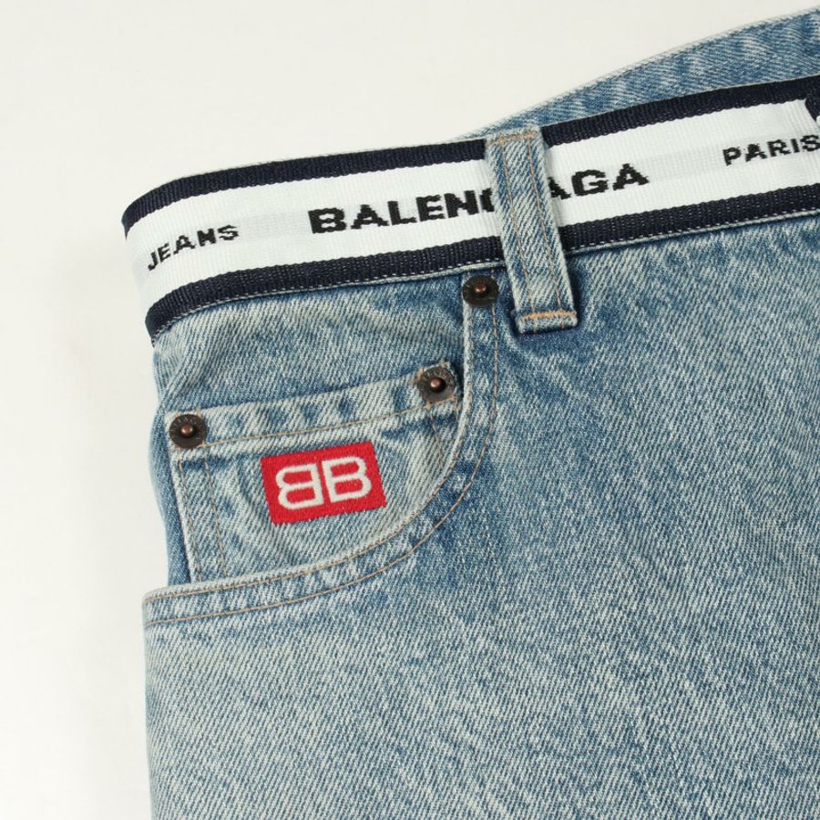BALENCIAGA Logo 腰部紐帶牛仔褲 671890 棉質藍色 二手 S 碼-7
