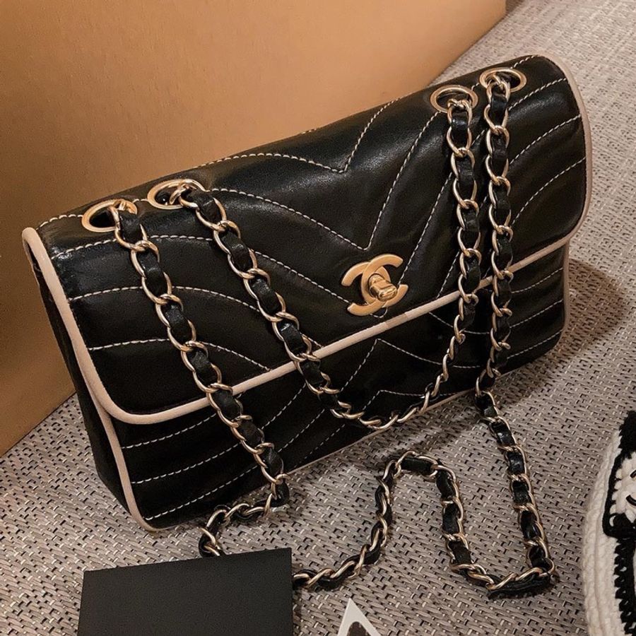 【近新閒置品】超值福利💰Chanel稀有牛皮黑白邊單肩背斜背鏈條包cf 有標、卡齊全-4