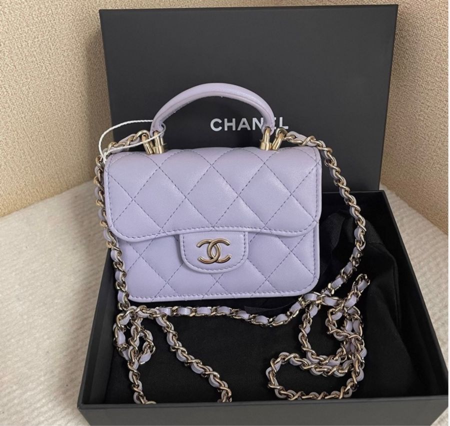 CHANEL Mini Top Handle Flap Bag Lavender 小羊皮手提鏈袋-9