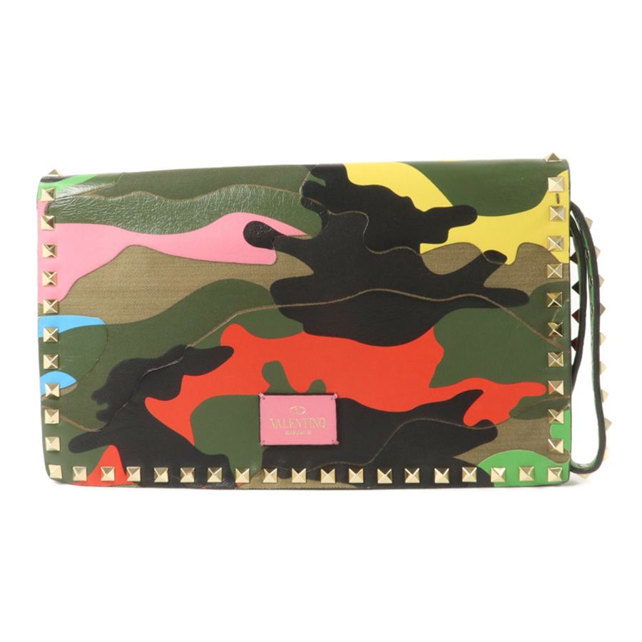 Valentino 帆布/牛皮皮革Camouflage Rockstud Wristlet Clutch手拿包-1