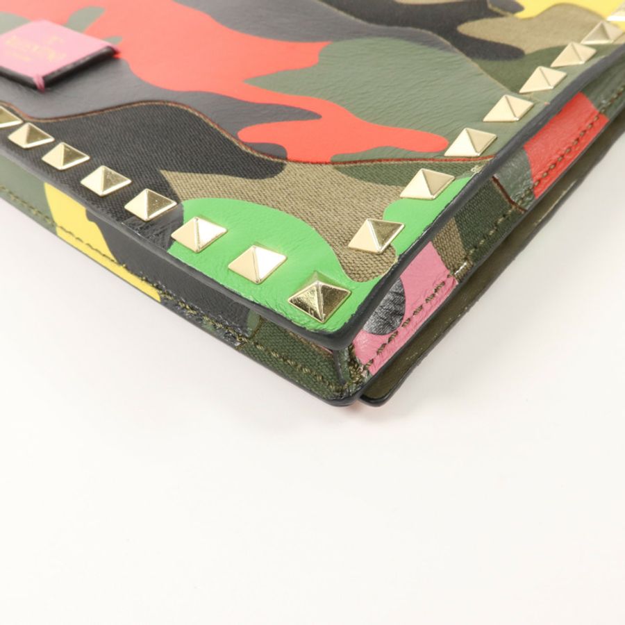 Valentino 帆布/牛皮皮革Camouflage Rockstud Wristlet Clutch手拿包-14