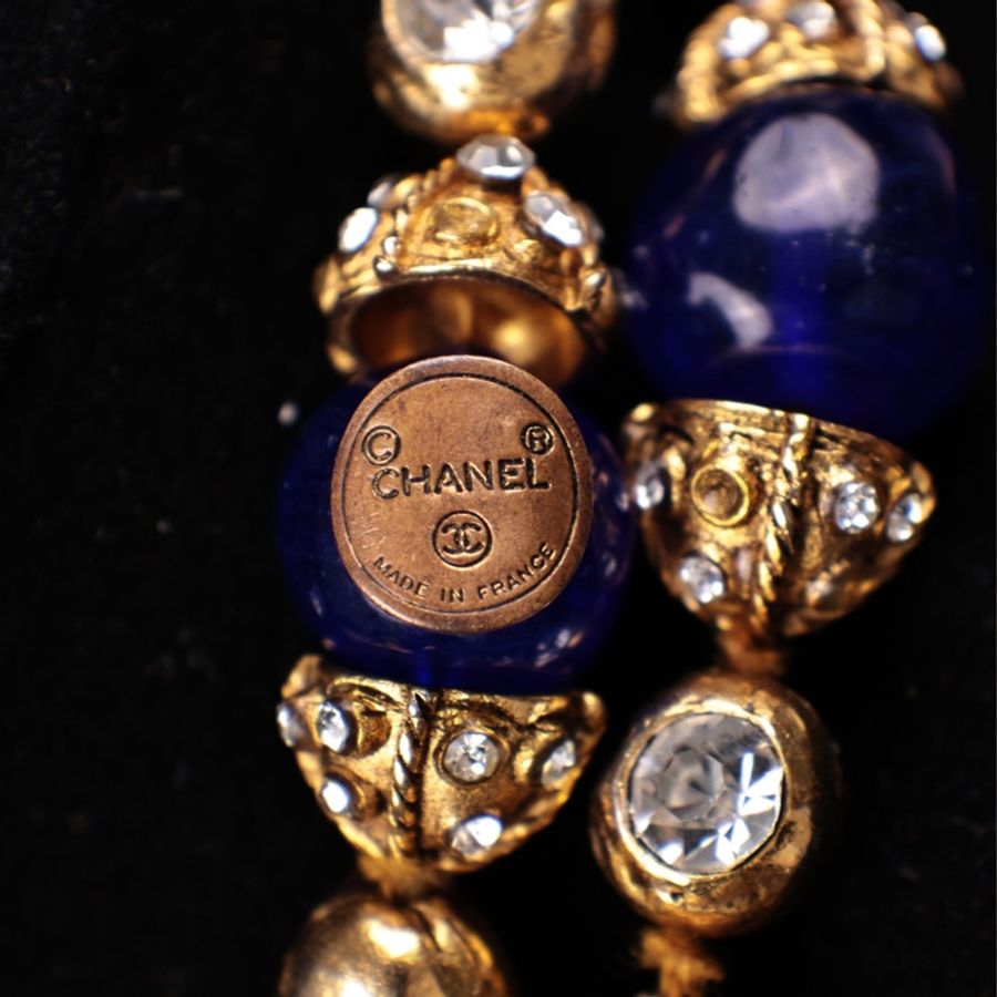 Chanel 宝蓝色琉璃拼接素金莱茵石长项链毛衣链-8