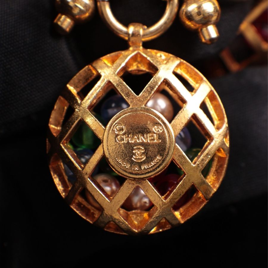 Chanel 素金鸟笼琉璃吊坠项链-19