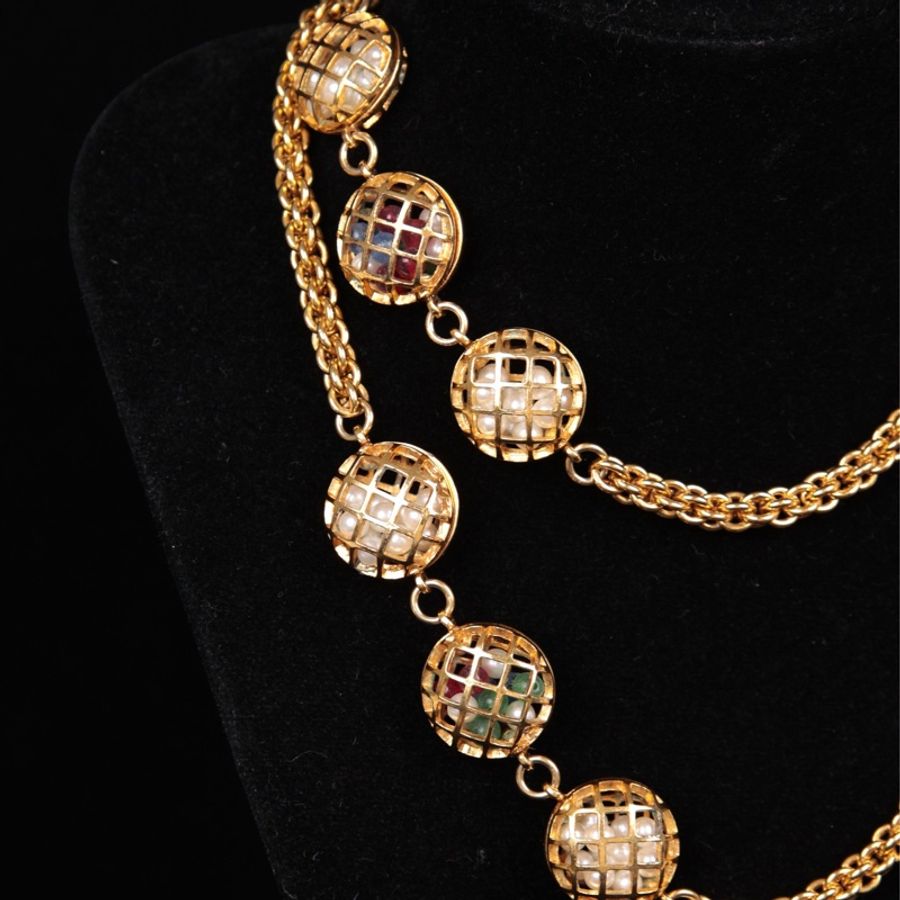 Chanel 素金鸟笼琉璃针织吊坠长项链毛衣链-16