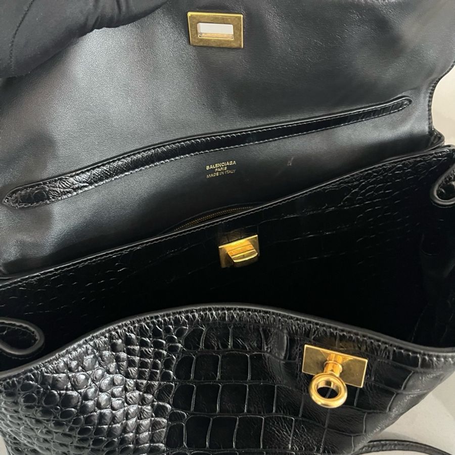 Balenciaga巴黎世家 Rodeo 做舊復古可拆卸肩帶 轉鎖開合 鰐魚紋牛皮革 單肩包斜挎包手提包 黑色 金扣 底长:33cm-7