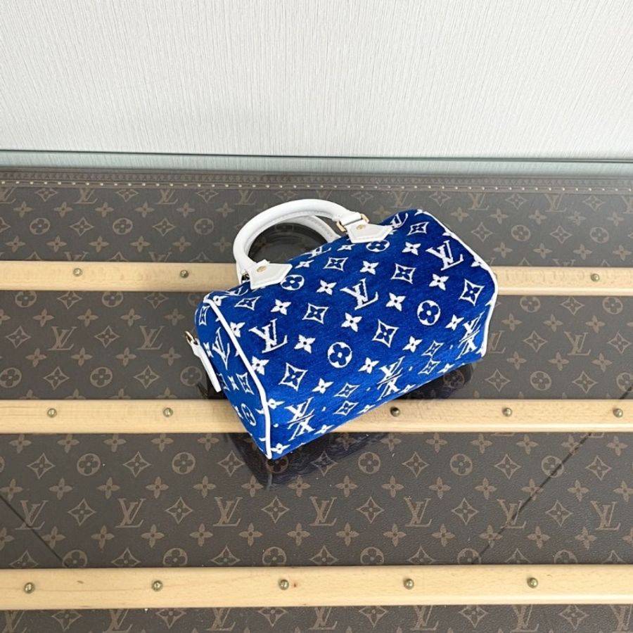 LV 藍色提花絨布speedy20 手提肩背斜背包芯片款20.5*14*11 95新 配件塵袋鎖鑰匙-3