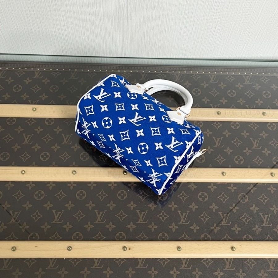 LV 藍色提花絨布speedy20 手提肩背斜背包芯片款20.5*14*11 95新 配件塵袋鎖鑰匙-4