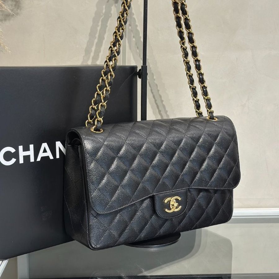 CHANEL 經典口蓋包Jumbo CF30 - 粒面牛皮黑金23開-2