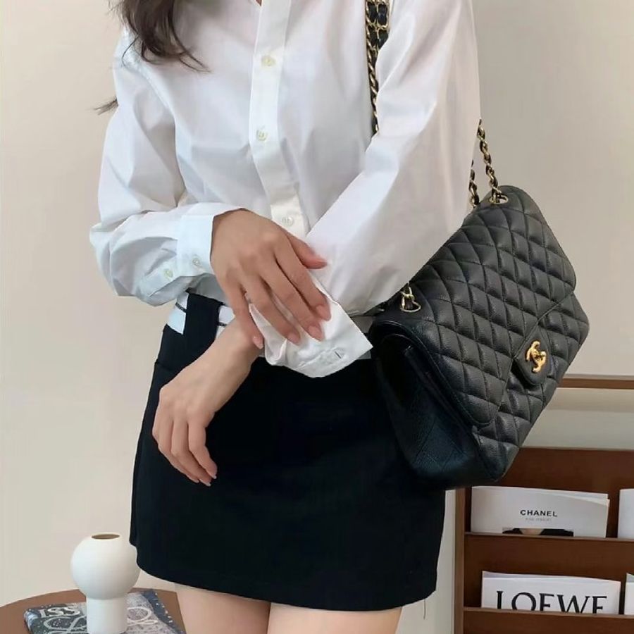 CHANEL 經典口蓋包Jumbo CF30 - 粒面牛皮黑金23開-12