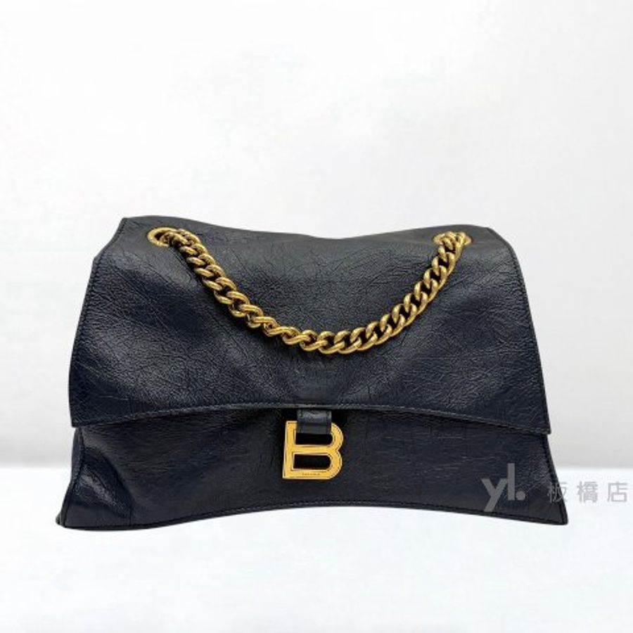 Y2059-Balenciaga Crush黑小牛皮復古金釦中號下蓋肩背包716393-0