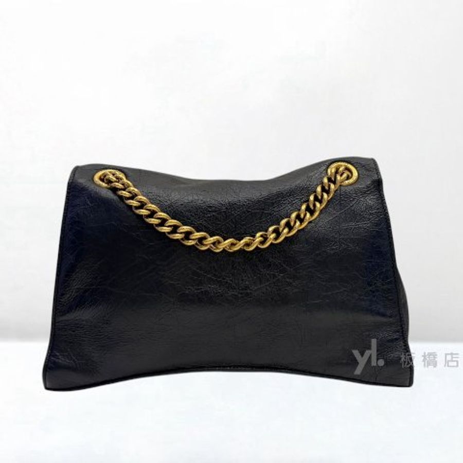 Y2059-Balenciaga Crush黑小牛皮復古金釦中號下蓋肩背包716393-1