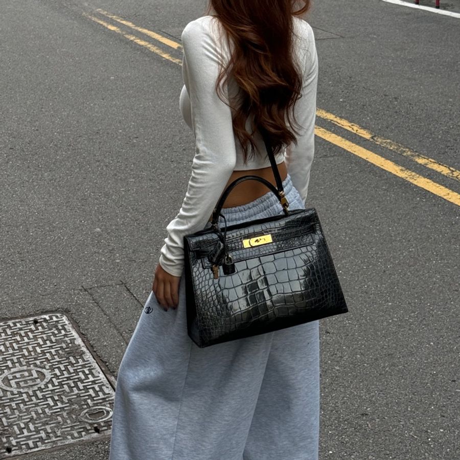 (真鱷魚皮🐊)Hermes Kelly 32 黑金 方塊鱷魚皮 全配🎁-8