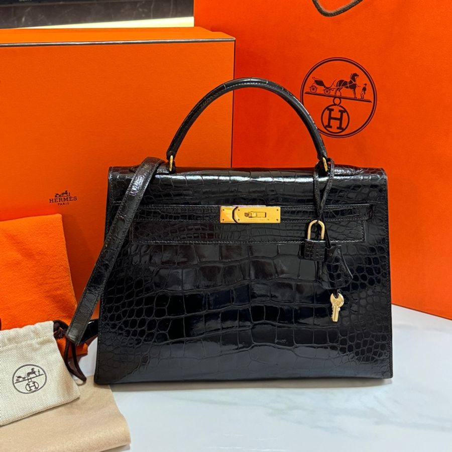 (真鱷魚皮🐊)Hermes Kelly 32 黑金 方塊鱷魚皮 全配🎁-10