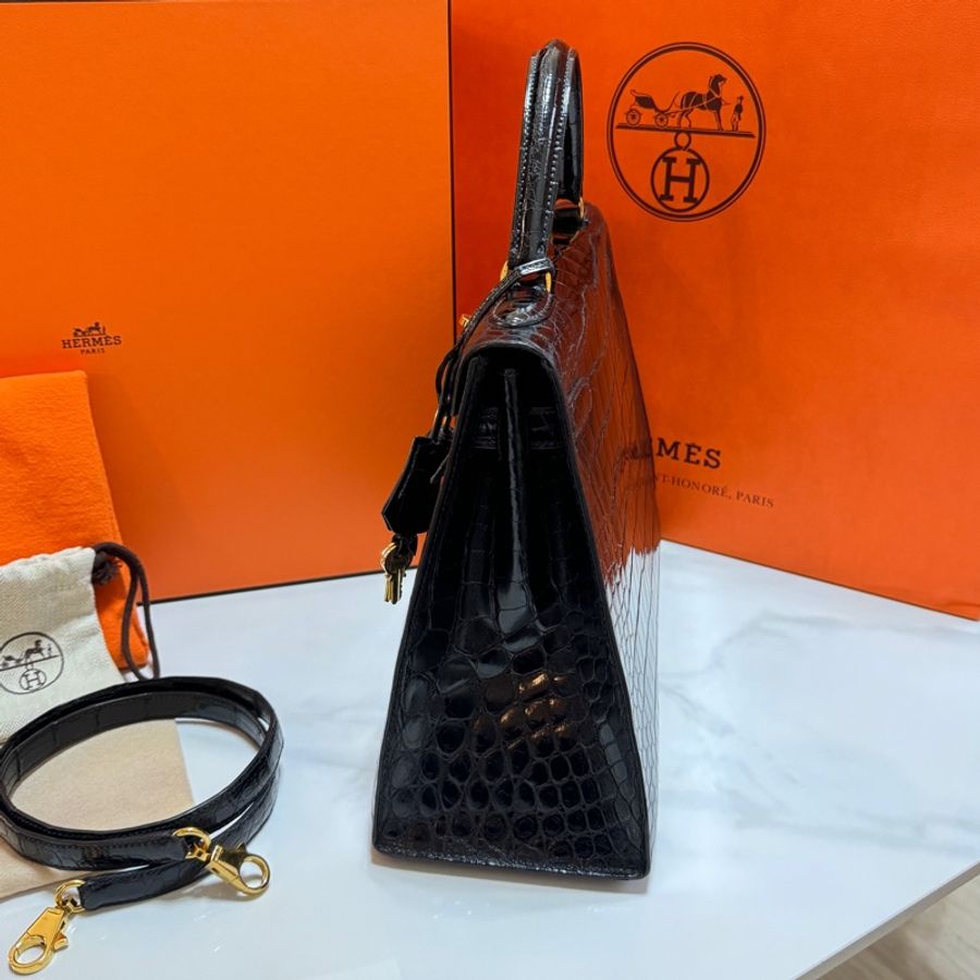 (真鱷魚皮🐊)Hermes Kelly 32 黑金 方塊鱷魚皮 全配🎁-15