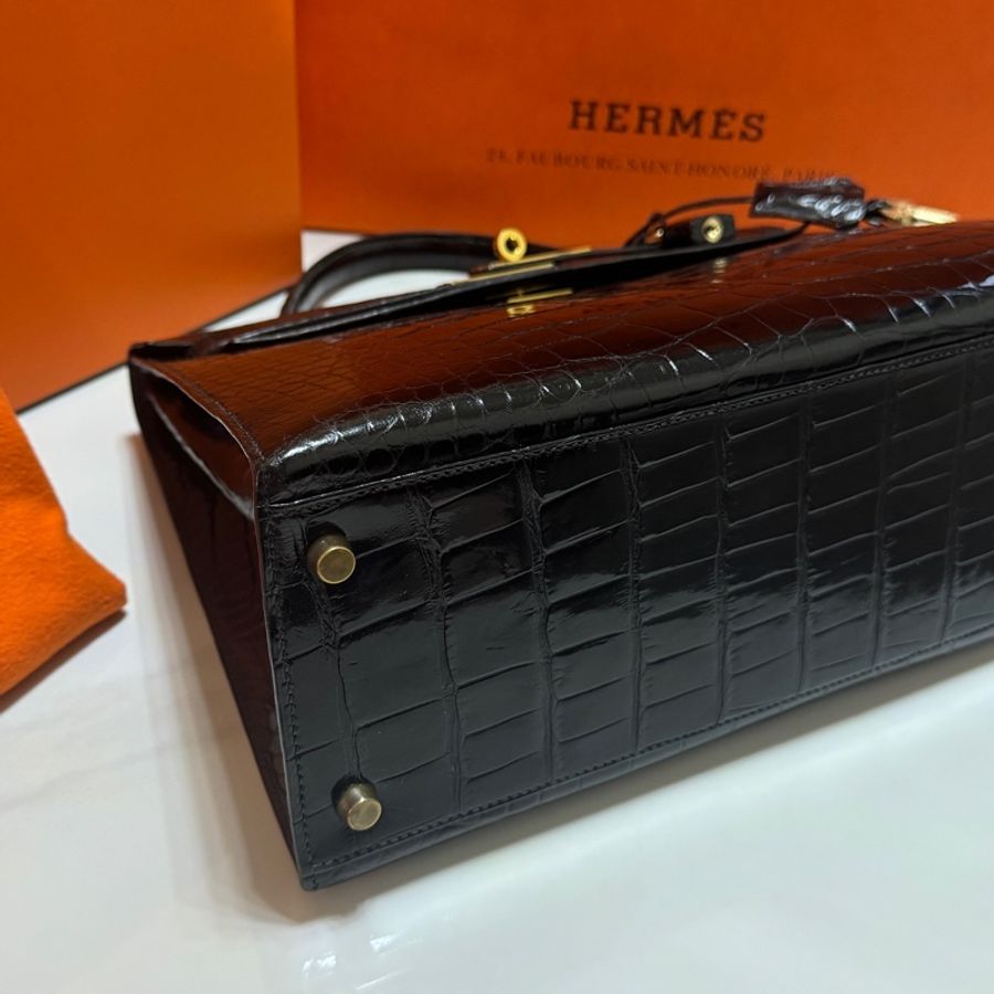 (真鱷魚皮🐊)Hermes Kelly 32 黑金 方塊鱷魚皮 全配🎁-17