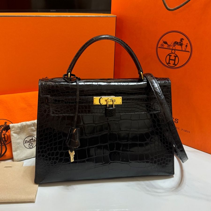 (真鱷魚皮🐊)Hermes Kelly 32 黑金 方塊鱷魚皮 全配🎁-21