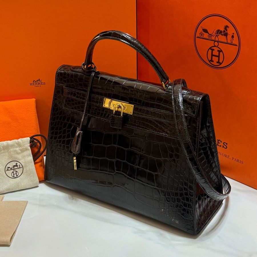 (真鱷魚皮🐊)Hermes Kelly 32 黑金 方塊鱷魚皮 全配🎁-25
