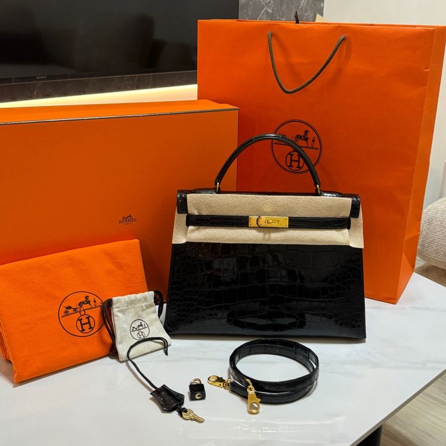 (真鱷魚皮🐊)Hermes Kelly 32 黑金 方塊鱷魚皮 全配🎁-36