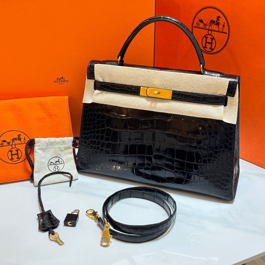 (真鱷魚皮🐊)Hermes Kelly 32 黑金 方塊鱷魚皮 全配🎁-37