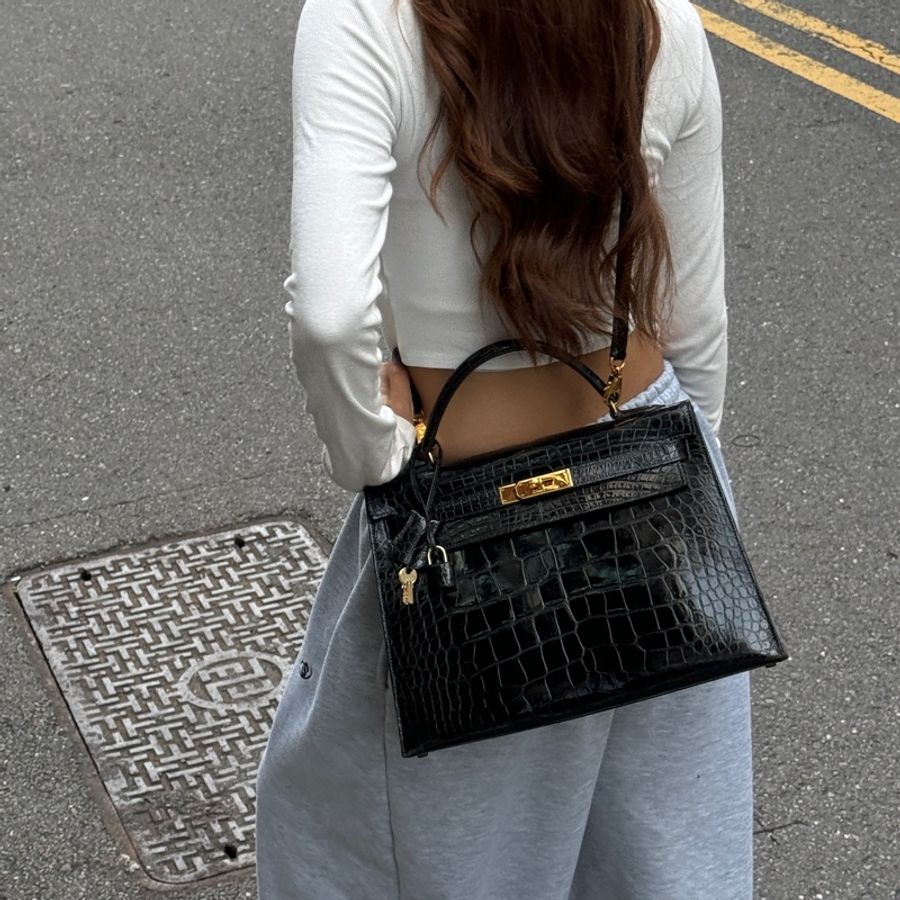 (真鱷魚皮🐊)Hermes Kelly 32 黑金 方塊鱷魚皮 全配🎁-39