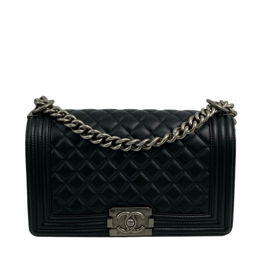 △ CHANEL 香奈兒 Black Lambskin 25CM Ruthenium-Finish Metal Boy Chain Shoulder Bag 黑色小羊皮鍍釕金屬鎖鏈肩背包 A67086-267009278-1