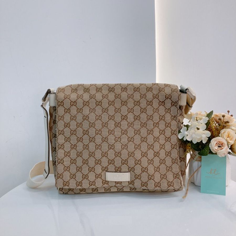 MS0745 Gucci 古馳 斜背包 經典老花紋 帆布包 米白色 銀扣 Shoulder Bag GG Canvas 30CM Beige x PHW-0