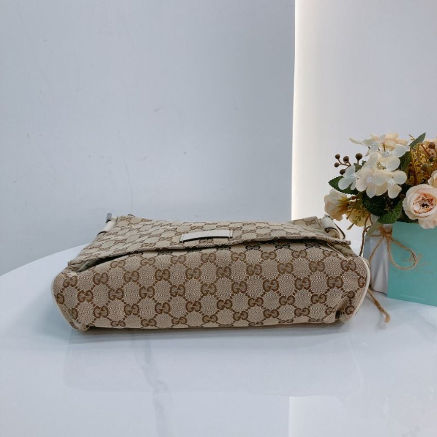 MS0745 Gucci 古馳 斜背包 經典老花紋 帆布包 米白色 銀扣 Shoulder Bag GG Canvas 30CM Beige x PHW-4
