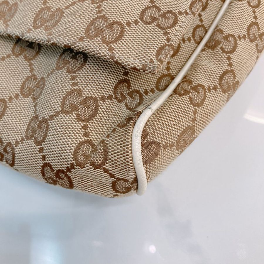 MS0745 Gucci 古馳 斜背包 經典老花紋 帆布包 米白色 銀扣 Shoulder Bag GG Canvas 30CM Beige x PHW-6