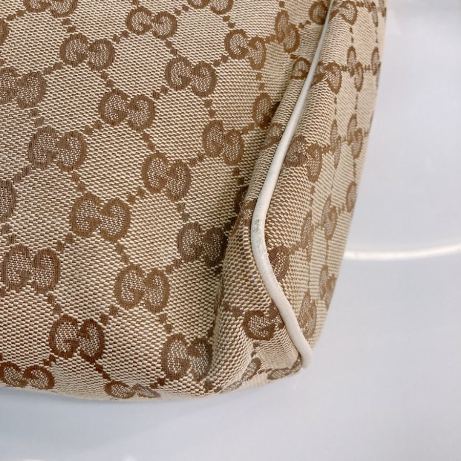 MS0745 Gucci 古馳 斜背包 經典老花紋 帆布包 米白色 銀扣 Shoulder Bag GG Canvas 30CM Beige x PHW-8