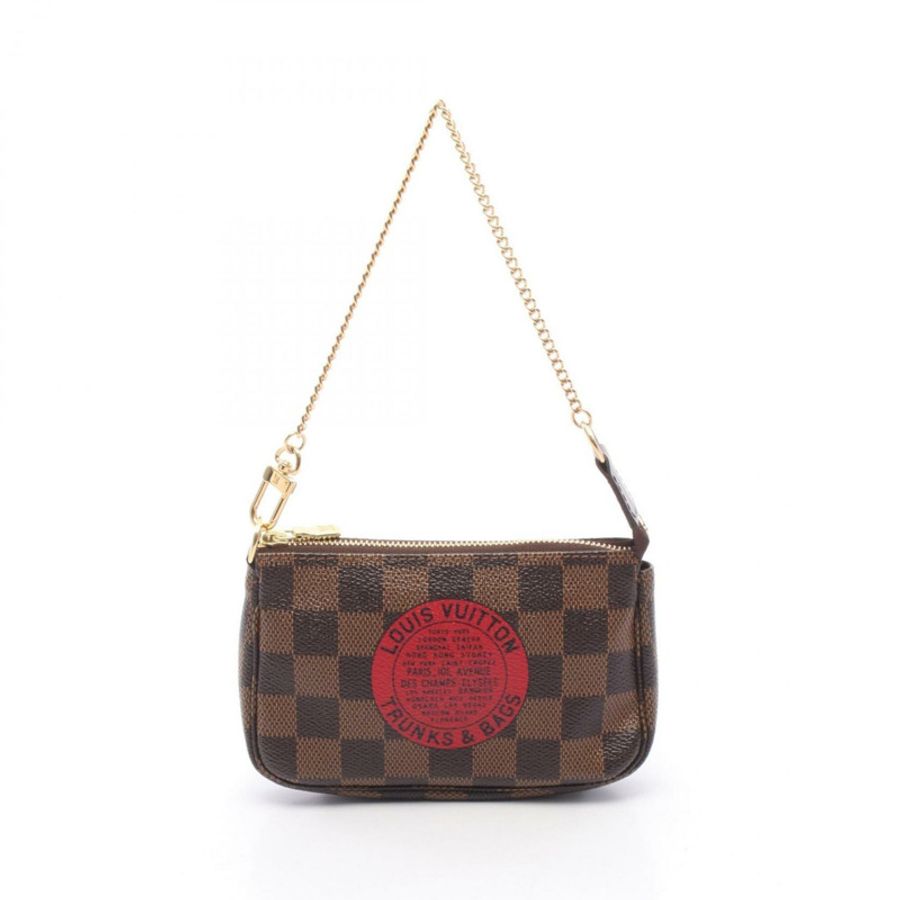 路易威登迷你 Pochette Accessoires Damier Ebene T&B 手提包,塗層帆布和皮革,圖案,女士,棕色/紅色,N58011-0