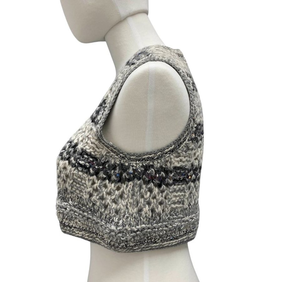 CHANEL 香奈兒 2005 AUTUMN KNIT SEQUINED CROPPED VEST 編織亮片短版馬甲毛衣背心 羊毛 灰黑色 38-4