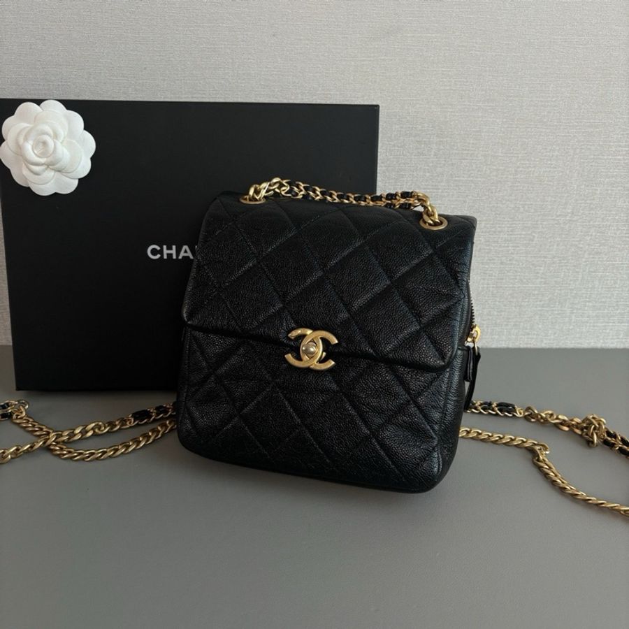 #黑金荔枝皮小書包 98新 芯片款 🔥Chanel香奈兒 22p ado雙肩包-7