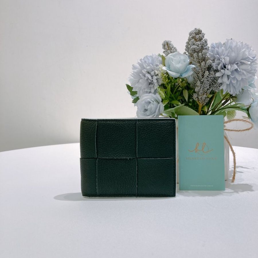 TW4898 Bottega Veneta 寶緹嘉經典大格仔兩摺銀包 Cassette Bi-Fold Wallet Calfskin Dark Green x White-0