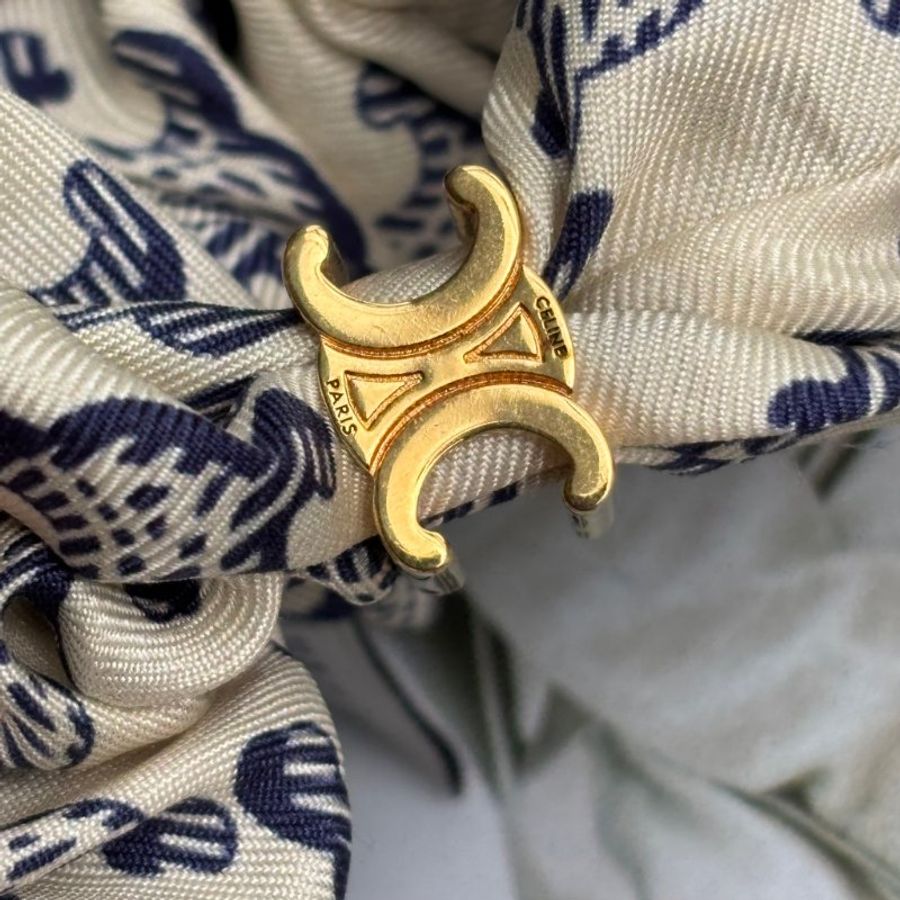 ::CELINE:: Triomphe 藍白絲綢 金色飾面凱旋門LOGO 女生髮圈 大腸圈 可當手環-3
